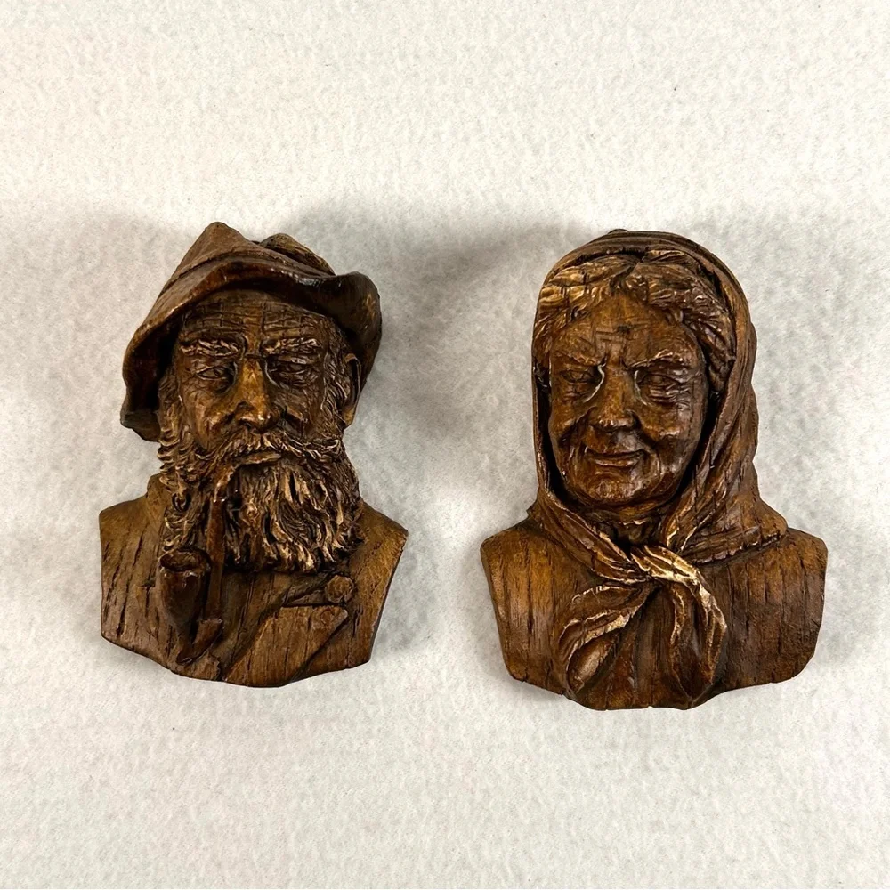 Old Man With Pipe Woman With Scarf  Vintage Faux Carved Wood Wall Hangings